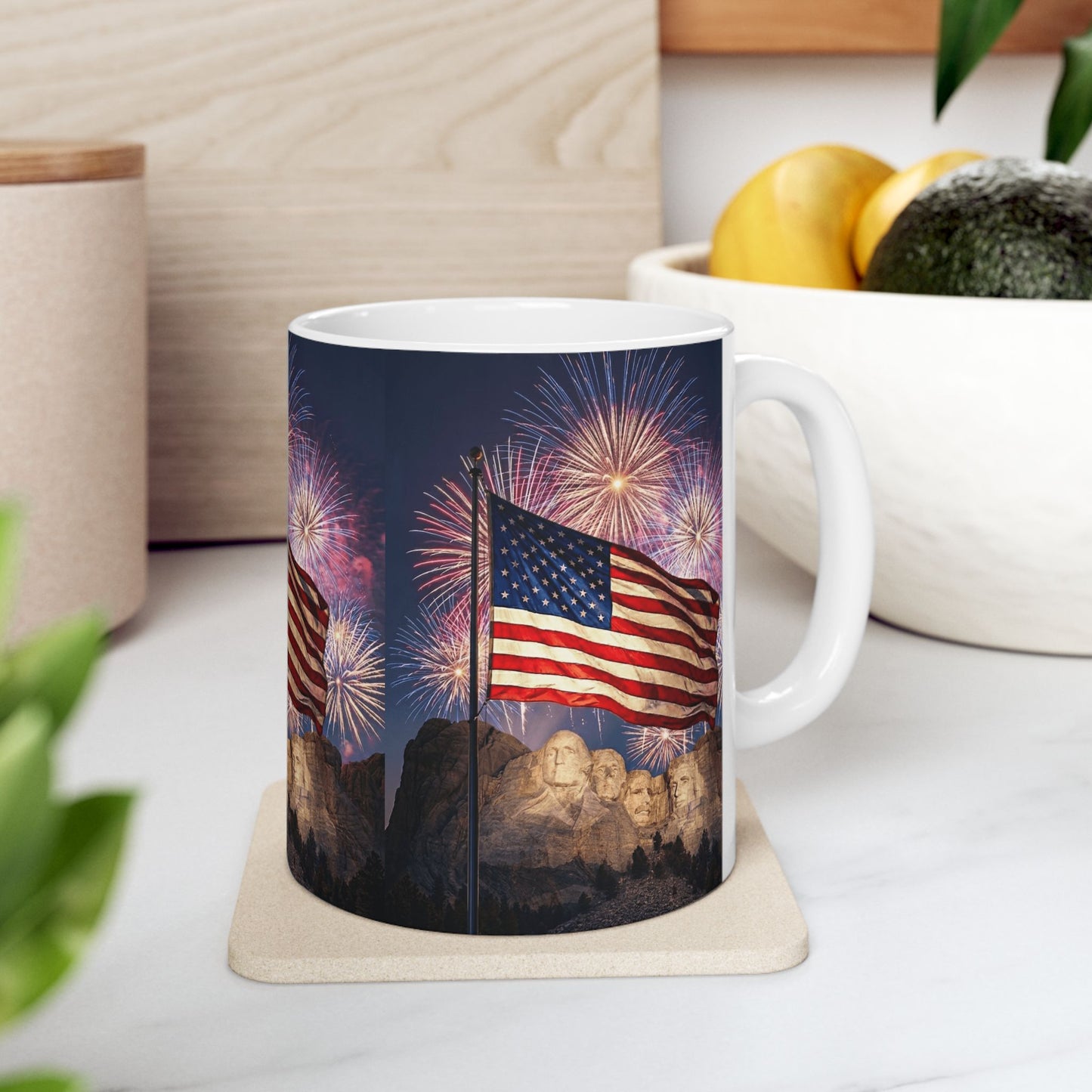 250th 4th of July - American Flag with Mount Rushmore & Fireworks — Patriotic 11oz/15oz Ceramic Coffee Cup