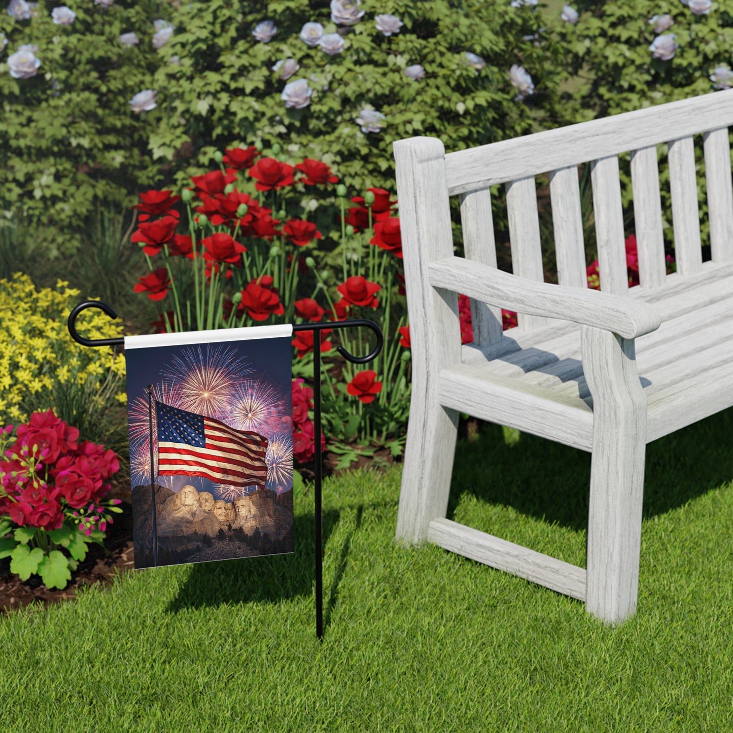 Patriotic Garden Banner – American Flag & Mount Rushmore Fireworks