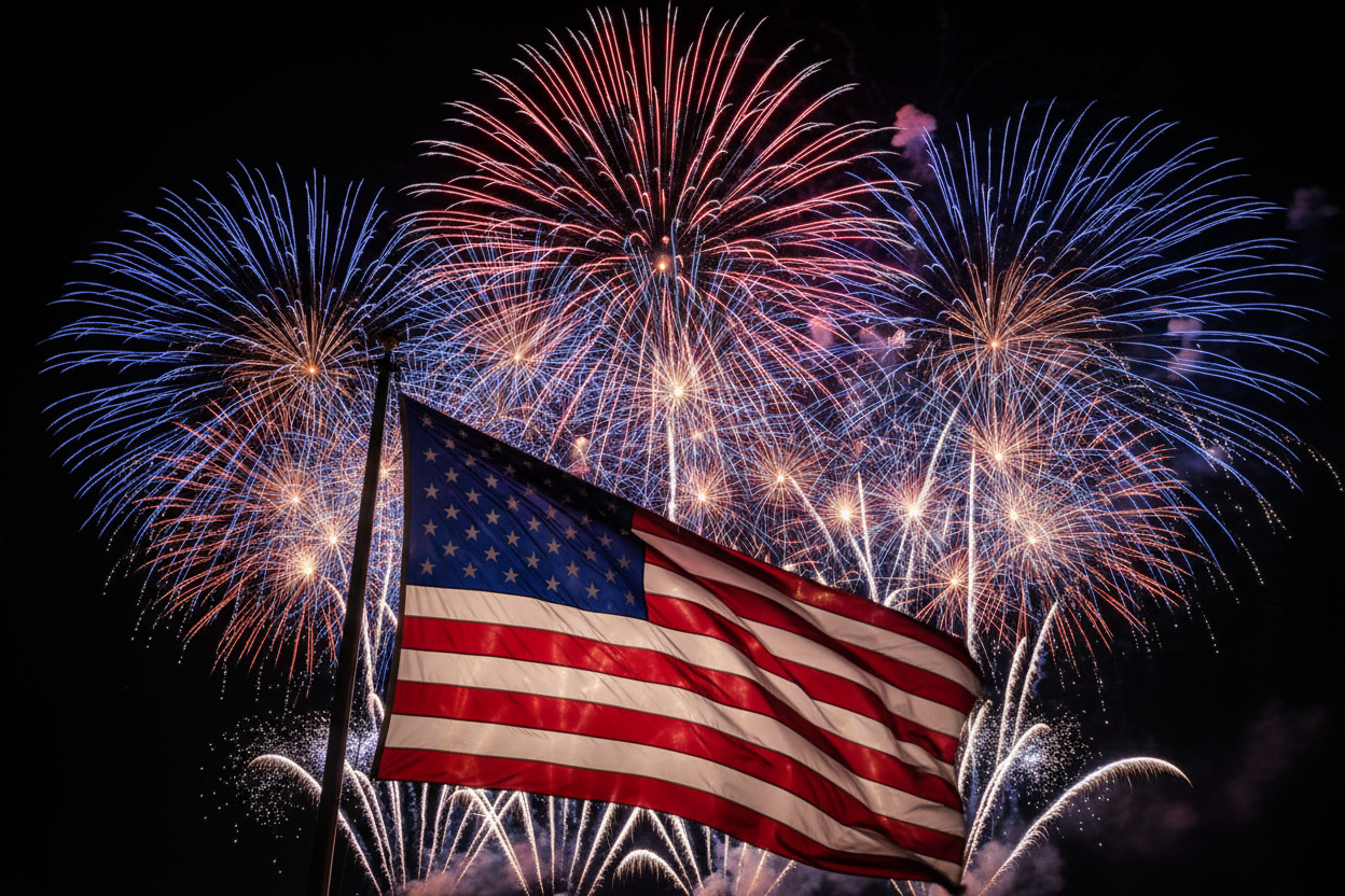 American flag billowing in night time sky as a grand finale fireworks display begins
