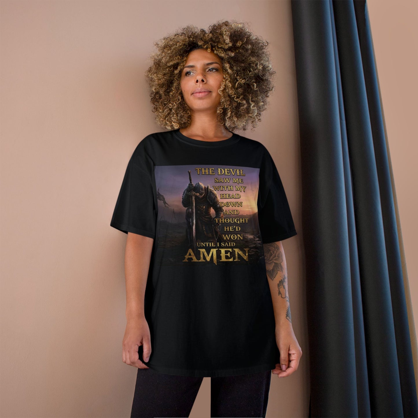 Christian Knight Prayer T-Shirt — Dawn Battlefield Survivor Design