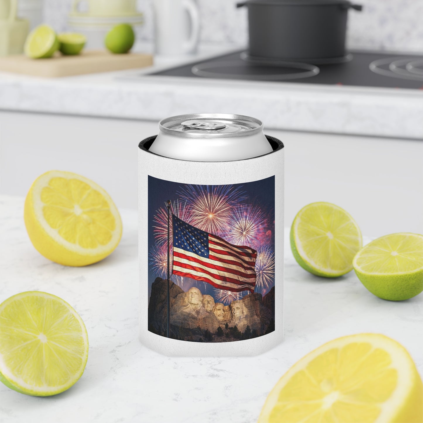 USA 4th of July Drink Insulator - Four Great Presidents & Flag Fireworks