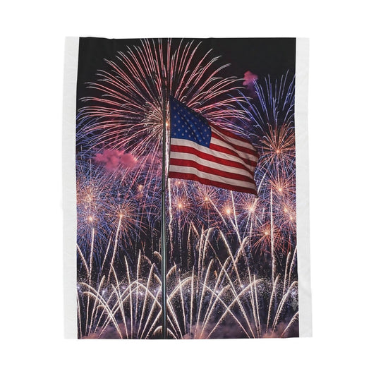 American Flag Fireworks Velveteen Plush Blanket – Patriotic 4th of July Throw