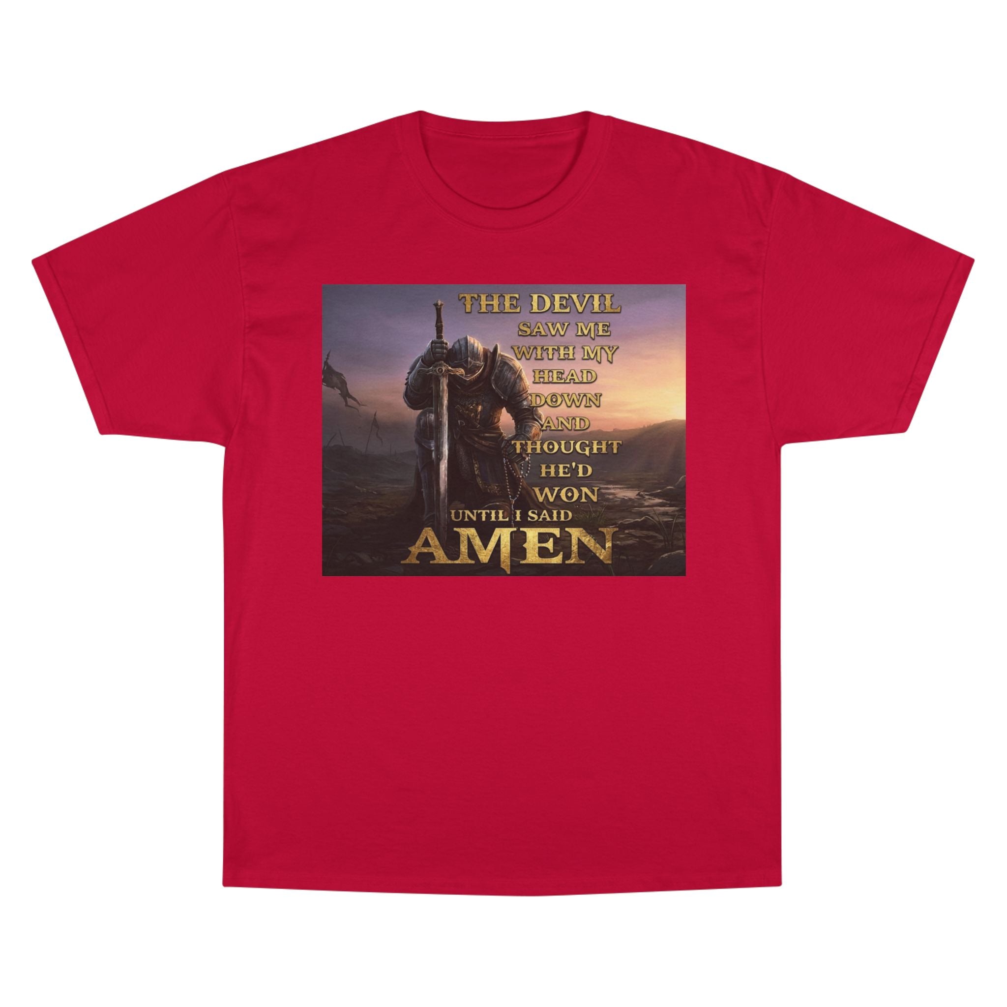 Christian Knight Prayer T-Shirt — Dawn Battlefield Survivor Design