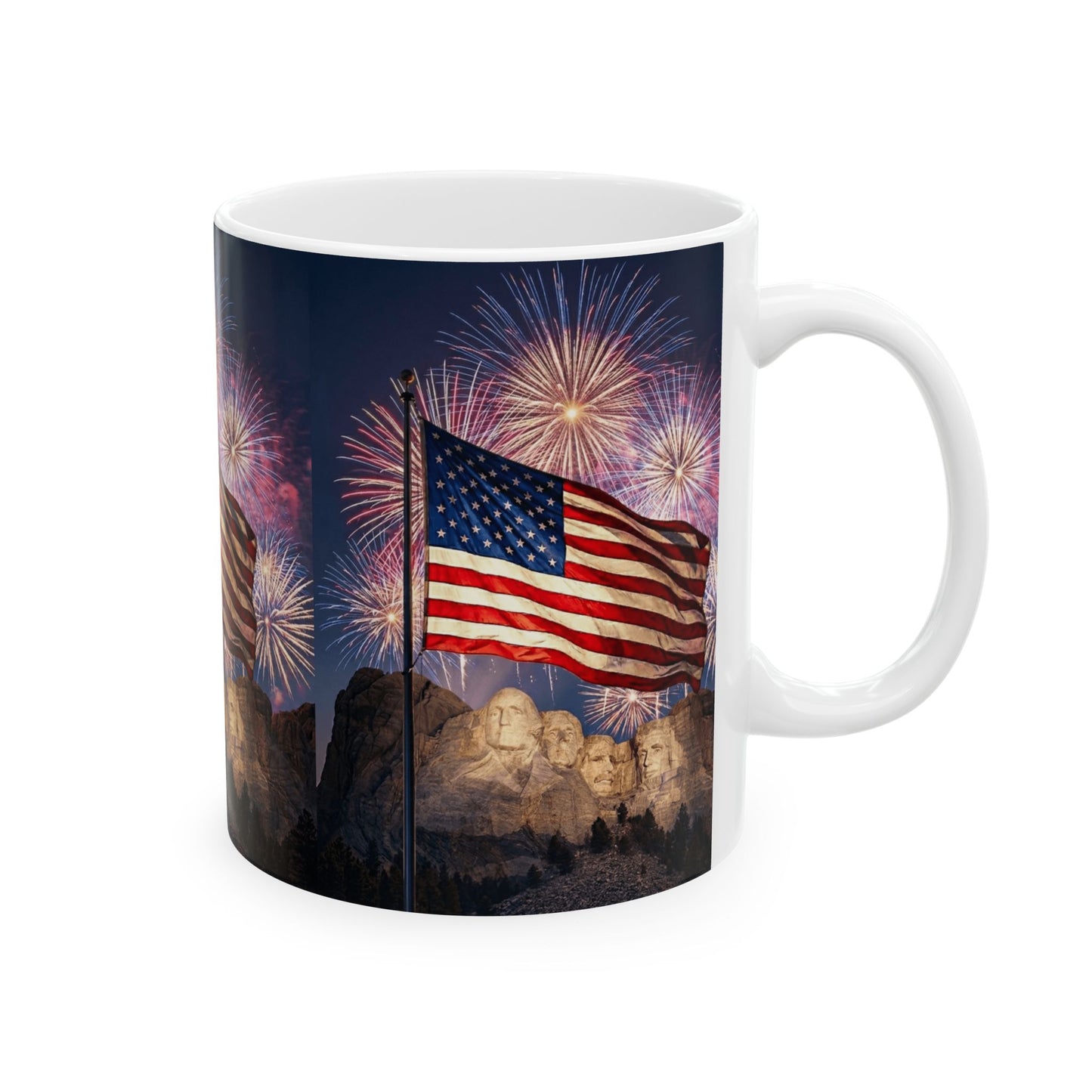 250th 4th of July - American Flag with Mount Rushmore & Fireworks — Patriotic 11oz/15oz Ceramic Coffee Cup