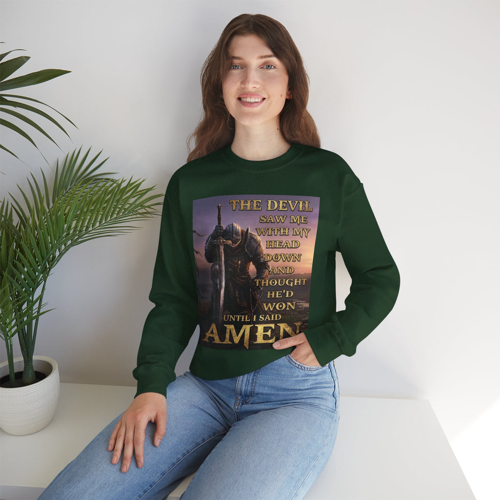 Christian Knight Crewneck Sweatshirt — 'Amen' Sunrise Prayer Battlefield Design