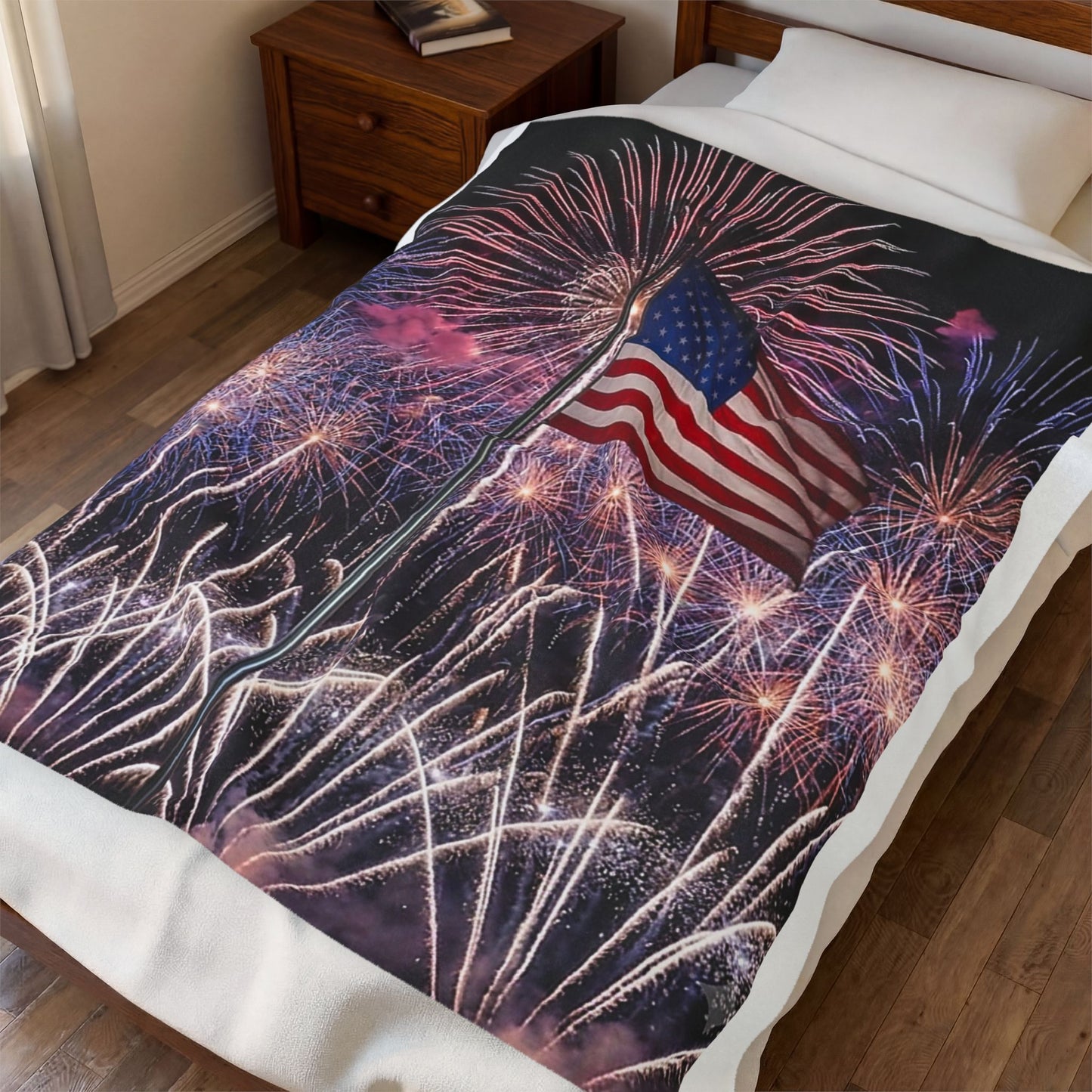 American Flag Fireworks Velveteen Plush Blanket – Patriotic 4th of July Throw
