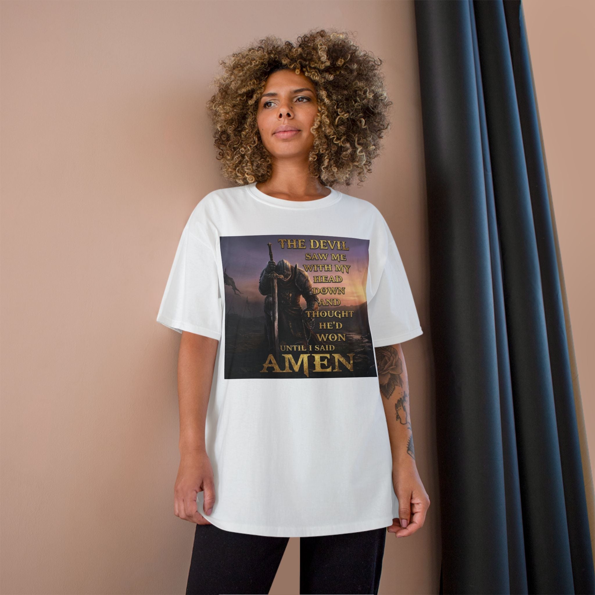 Christian Knight Prayer T-Shirt — Dawn Battlefield Survivor Design
