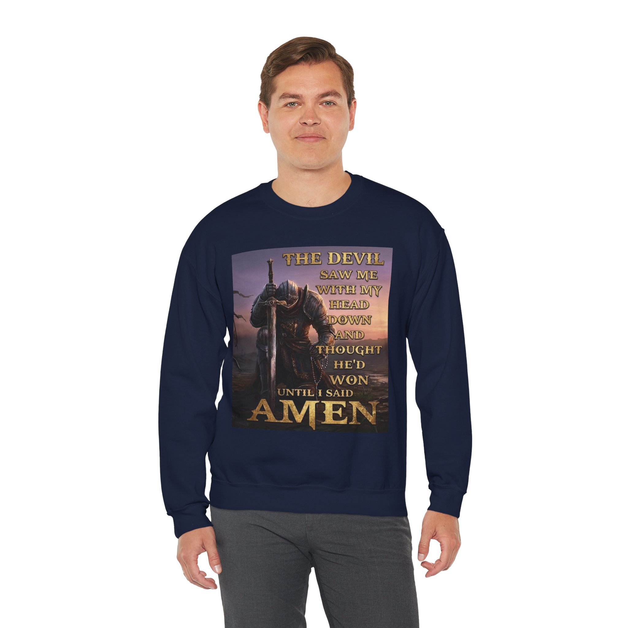 Christian Knight Crewneck Sweatshirt — 'Amen' Sunrise Prayer Battlefield Design