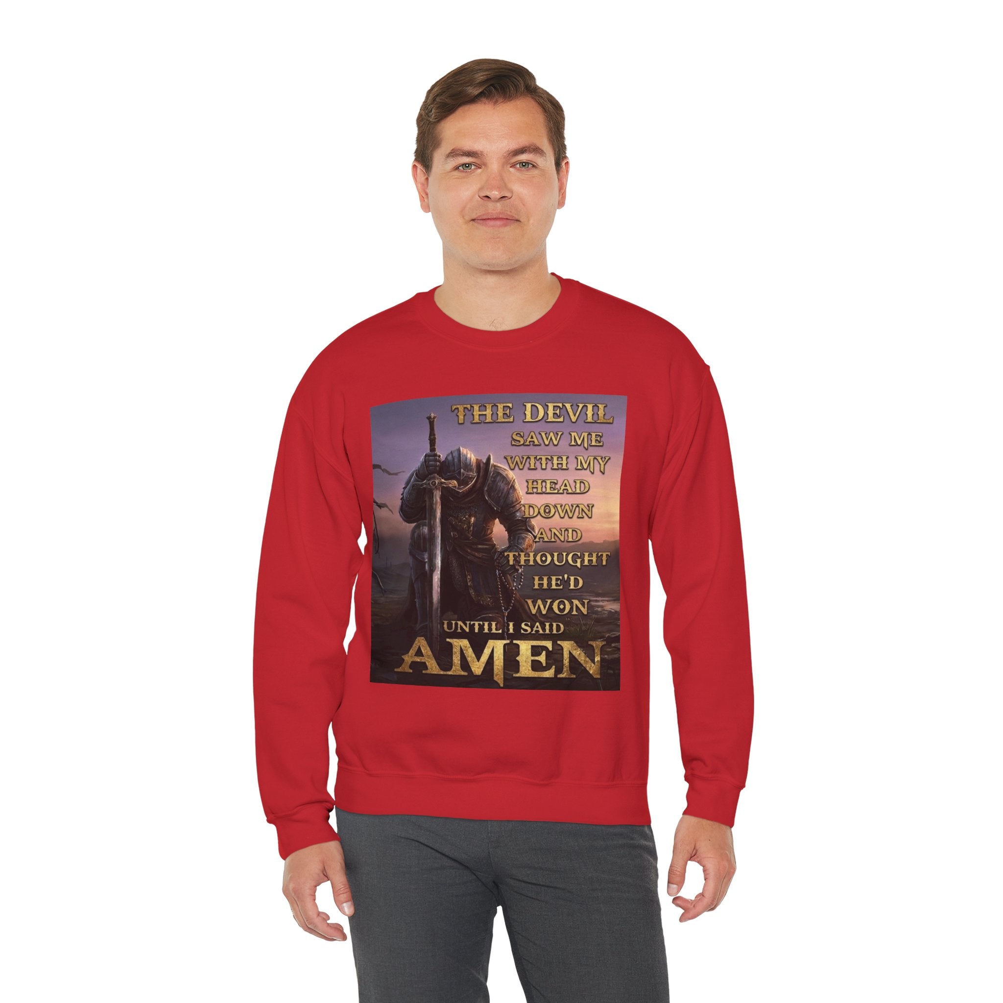 Christian Knight Crewneck Sweatshirt — 'Amen' Sunrise Prayer Battlefield Design