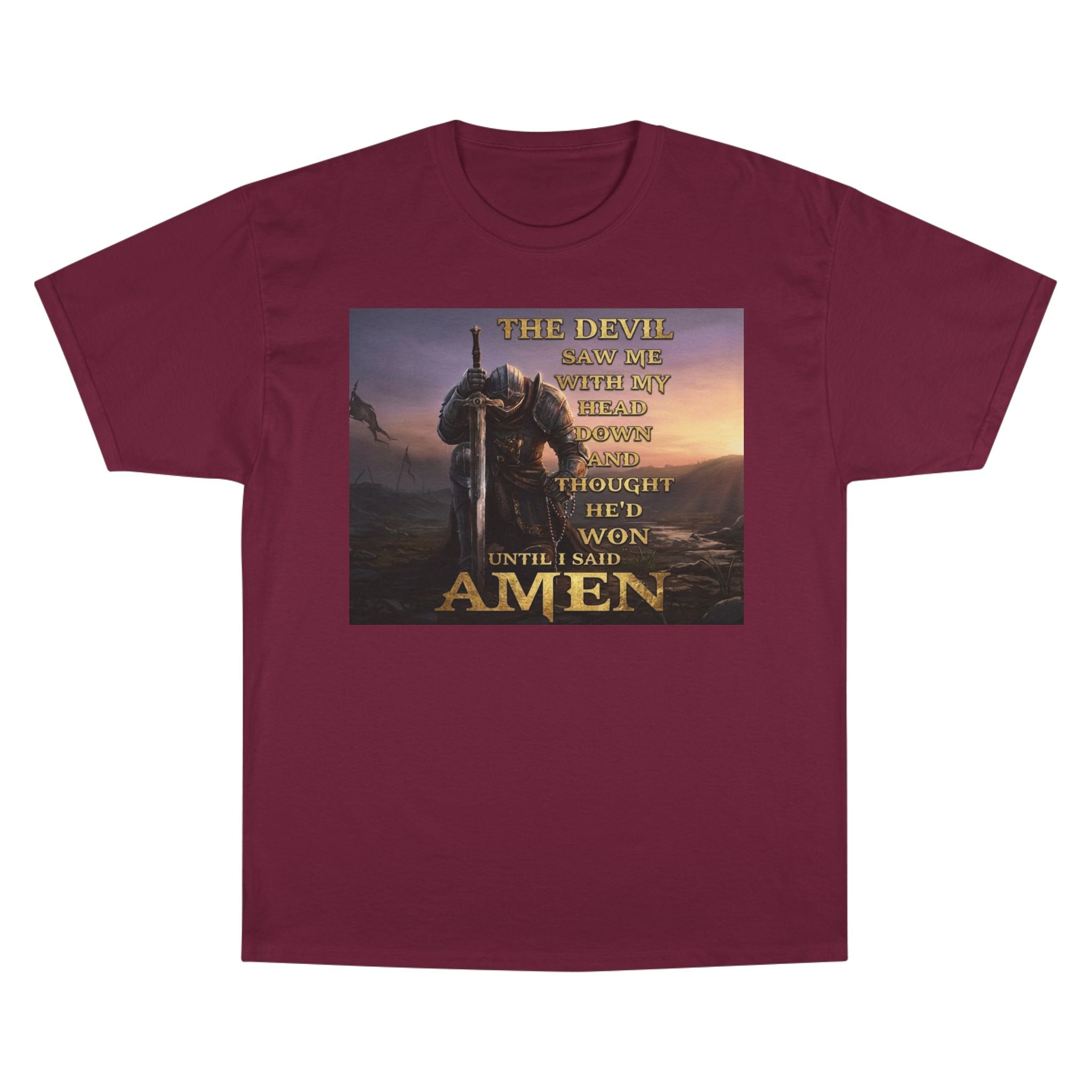 Christian Knight Prayer T-Shirt — Dawn Battlefield Survivor Design