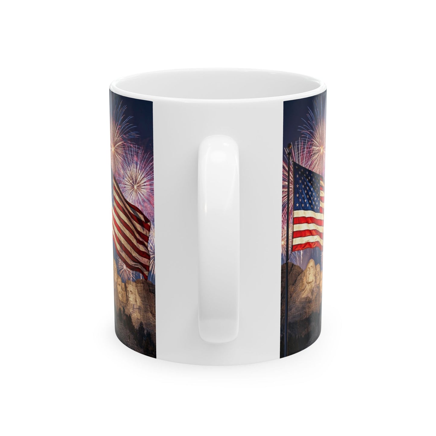 250th 4th of July - American Flag with Mount Rushmore & Fireworks — Patriotic 11oz/15oz Ceramic Coffee Cup