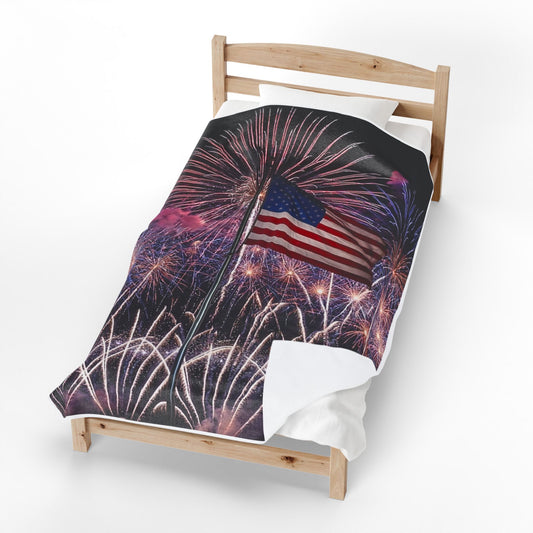 American Flag Fireworks Velveteen Plush Blanket – Patriotic 4th of July Throw