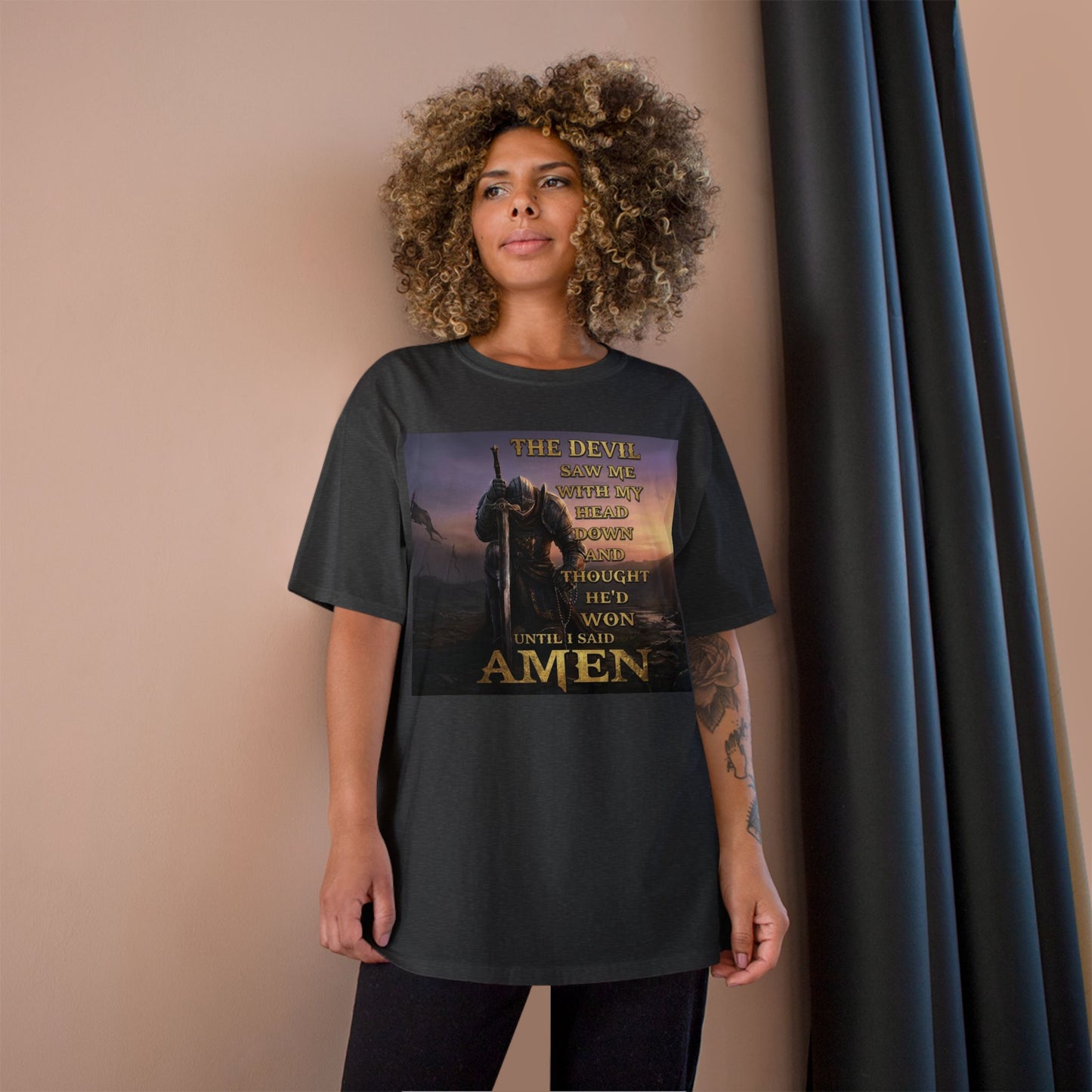 Christian Knight Prayer T-Shirt — Dawn Battlefield Survivor Design