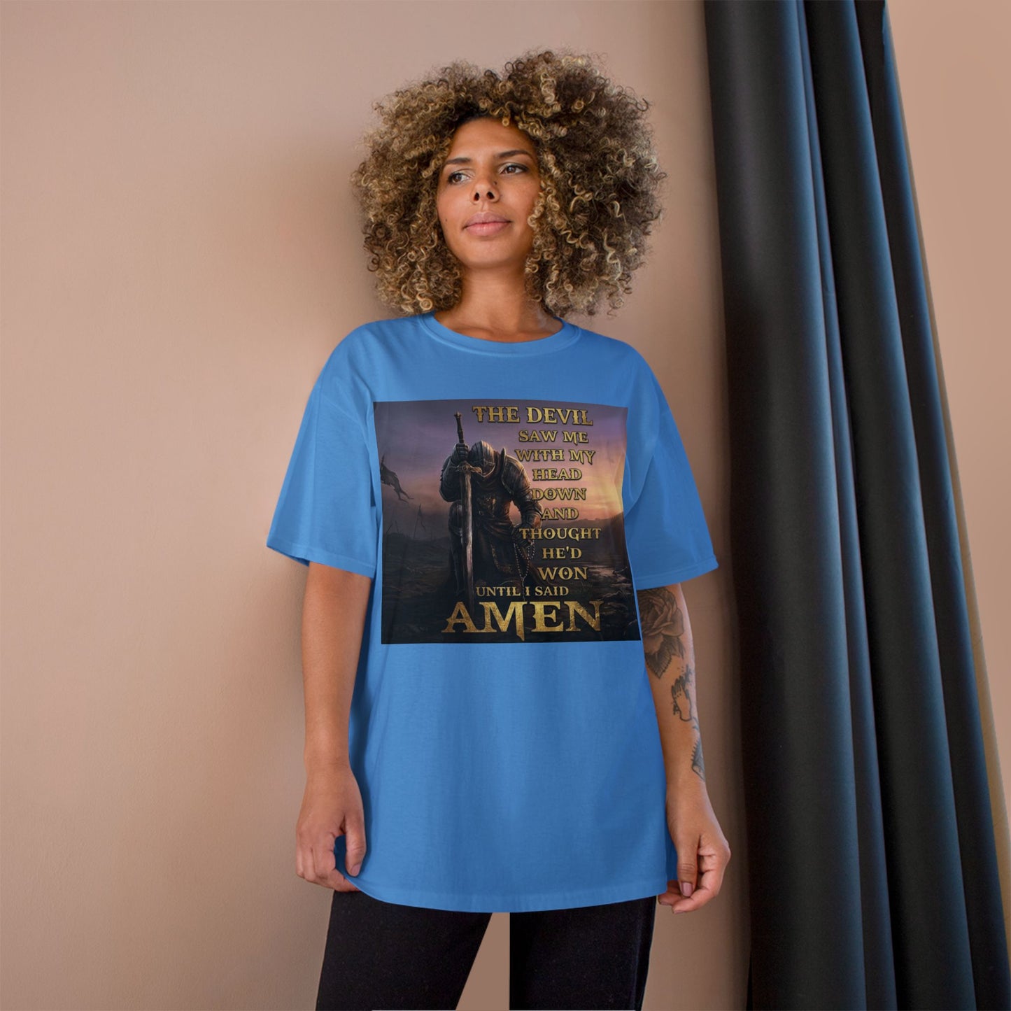 Christian Knight Prayer T-Shirt — Dawn Battlefield Survivor Design
