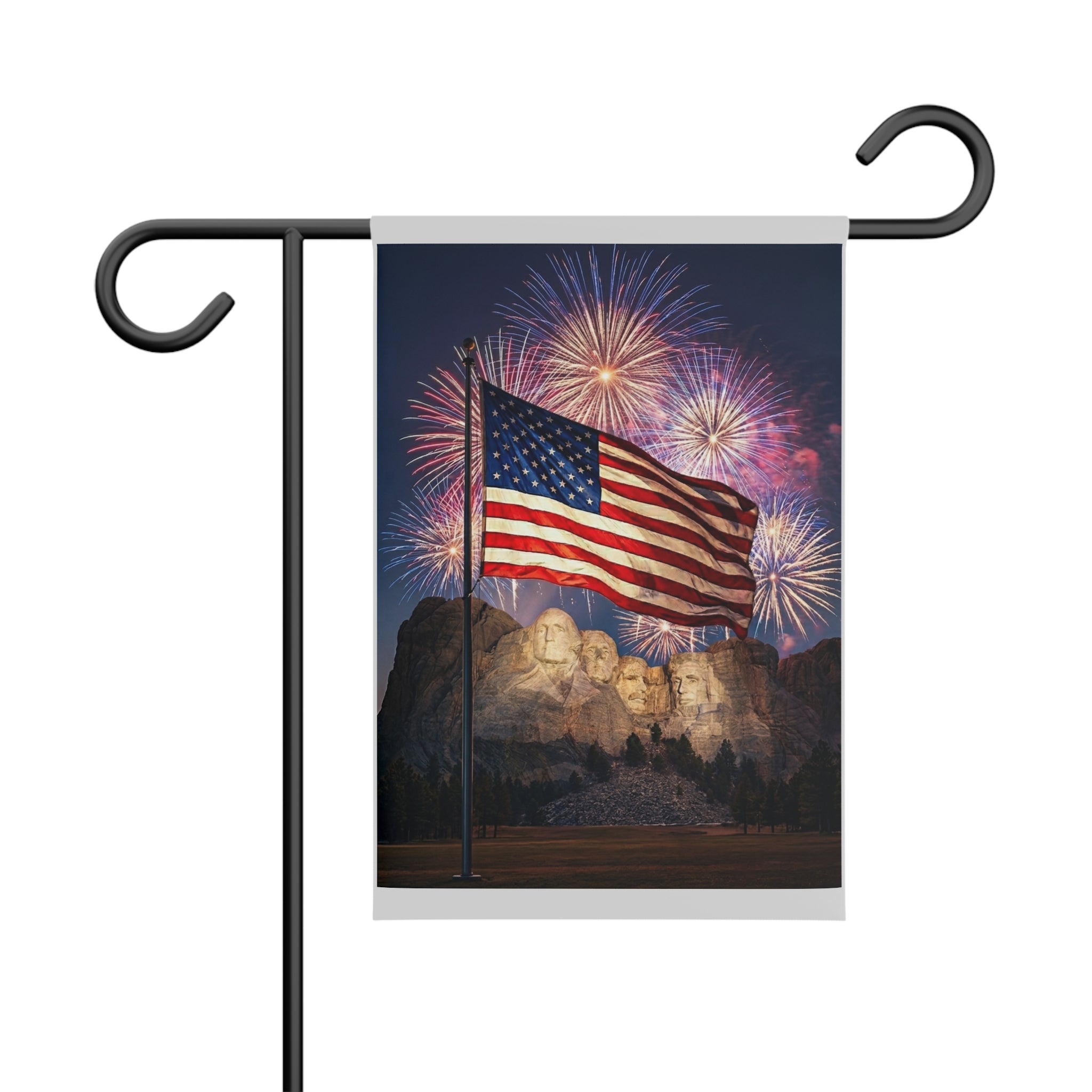 Patriotic Garden Banner – American Flag & Mount Rushmore Fireworks