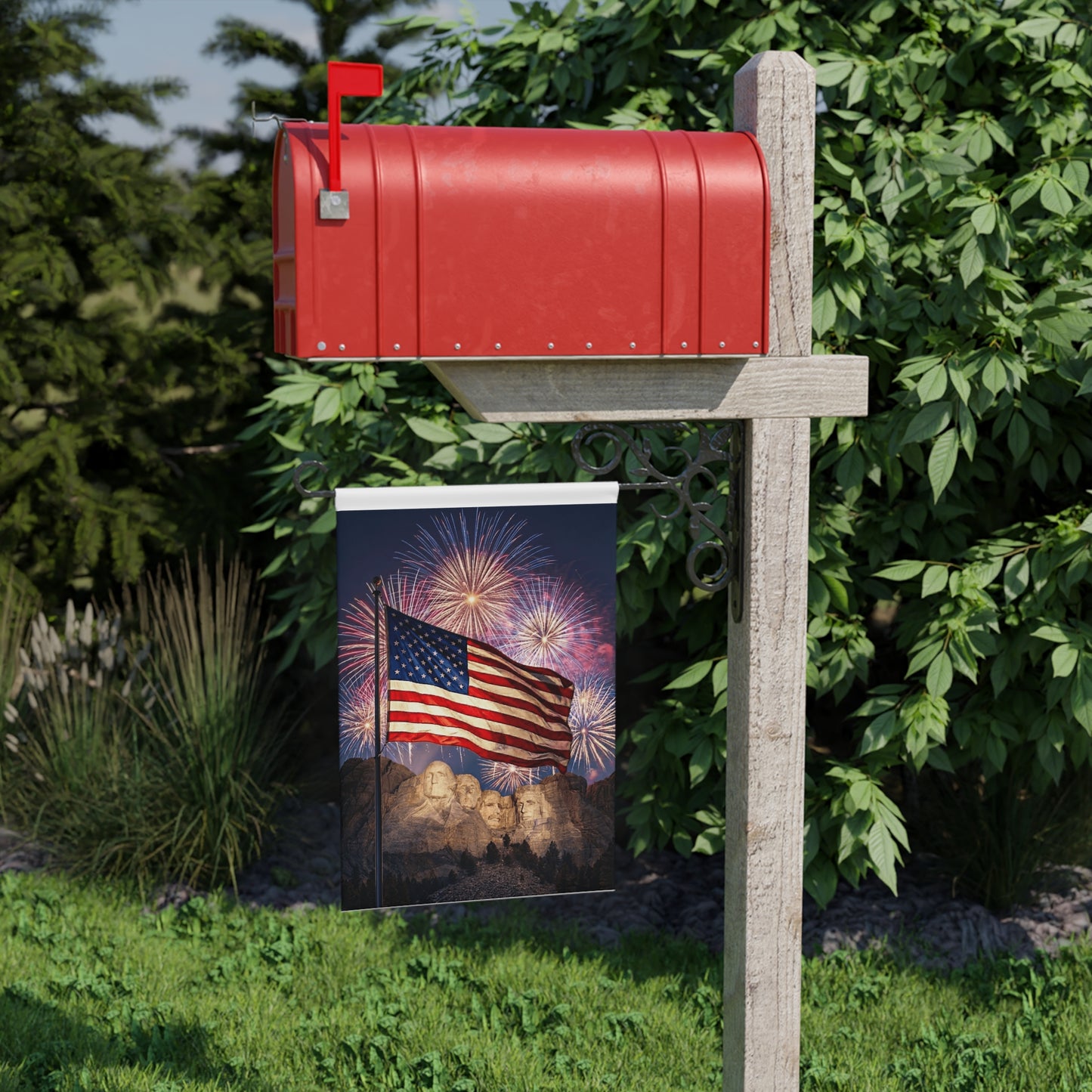 Patriotic Garden Banner – American Flag & Mount Rushmore Fireworks
