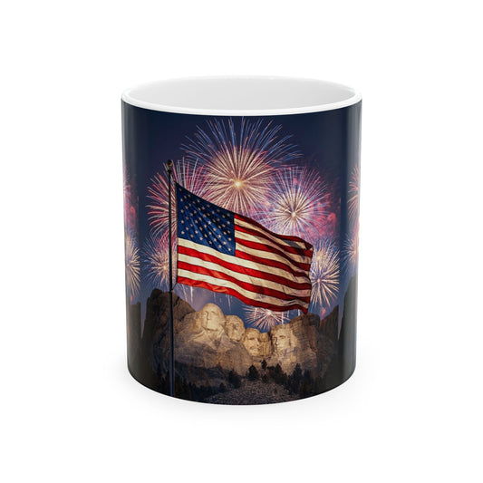250th 4th of July - American Flag with Mount Rushmore & Fireworks — Patriotic 11oz/15oz Ceramic Coffee Cup