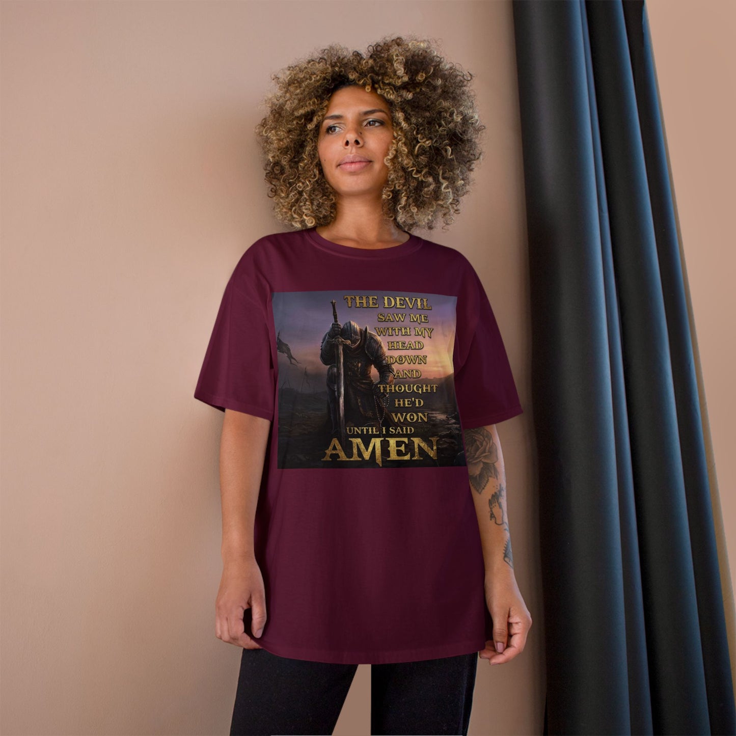 Christian Knight Prayer T-Shirt — Dawn Battlefield Survivor Design