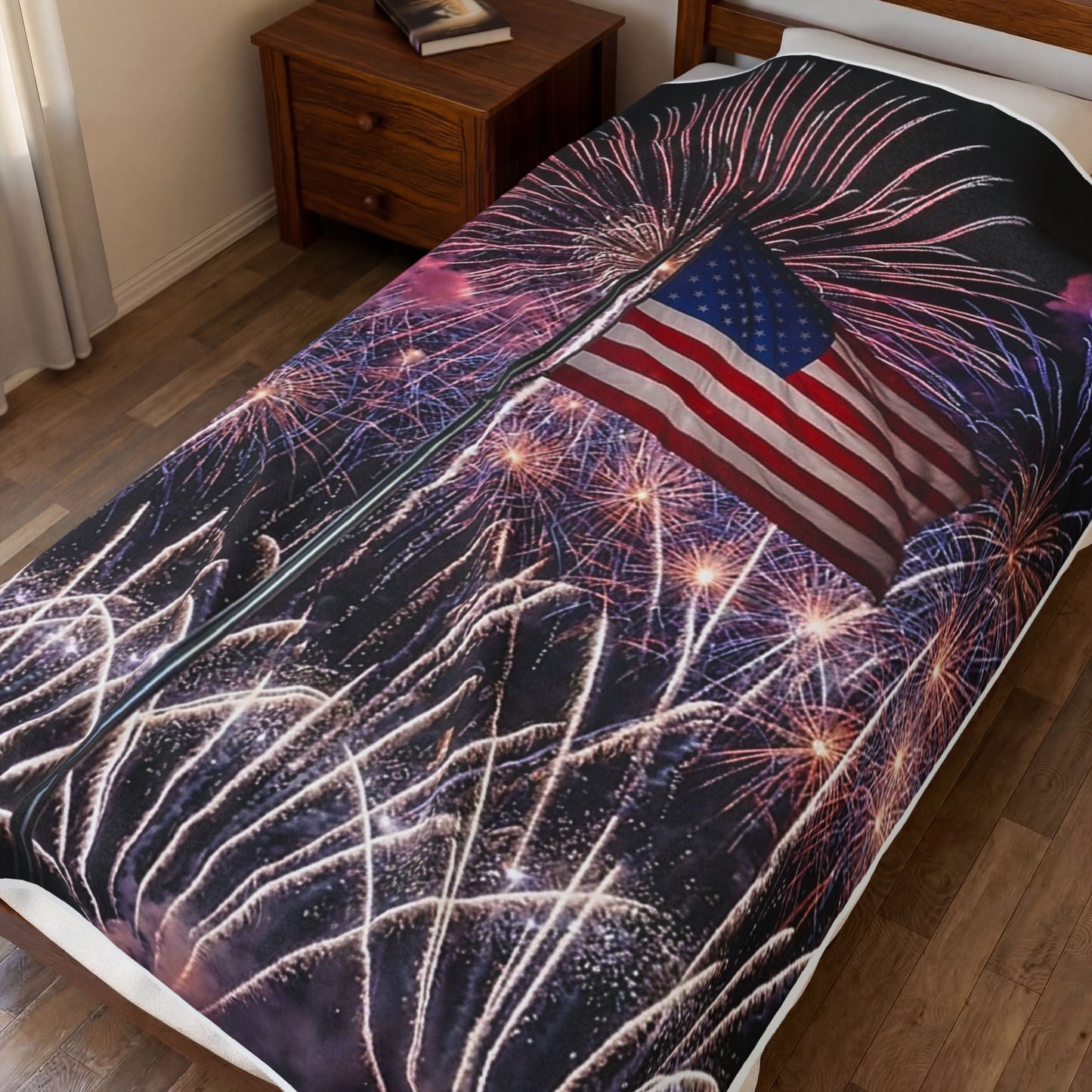 American Flag Fireworks Velveteen Plush Blanket – Patriotic 4th of July Throw