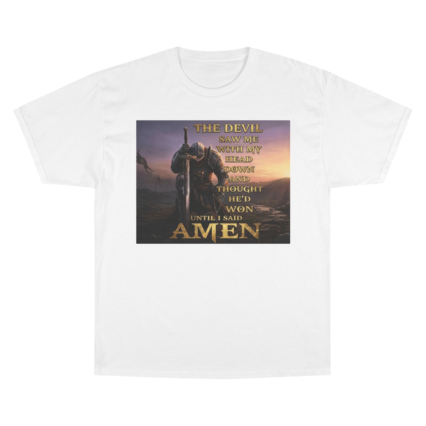 Christian Knight Prayer T-Shirt — Dawn Battlefield Survivor Design