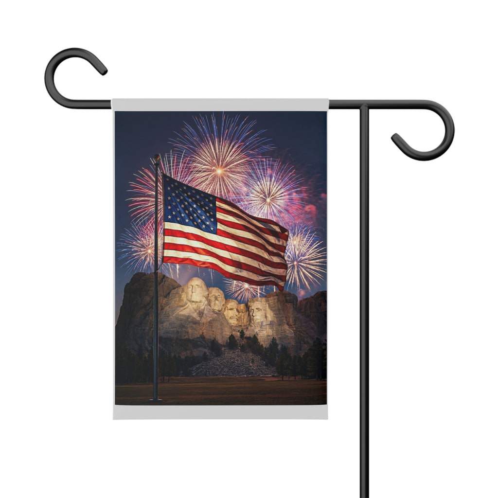 Patriotic Garden Banner – American Flag & Mount Rushmore Fireworks