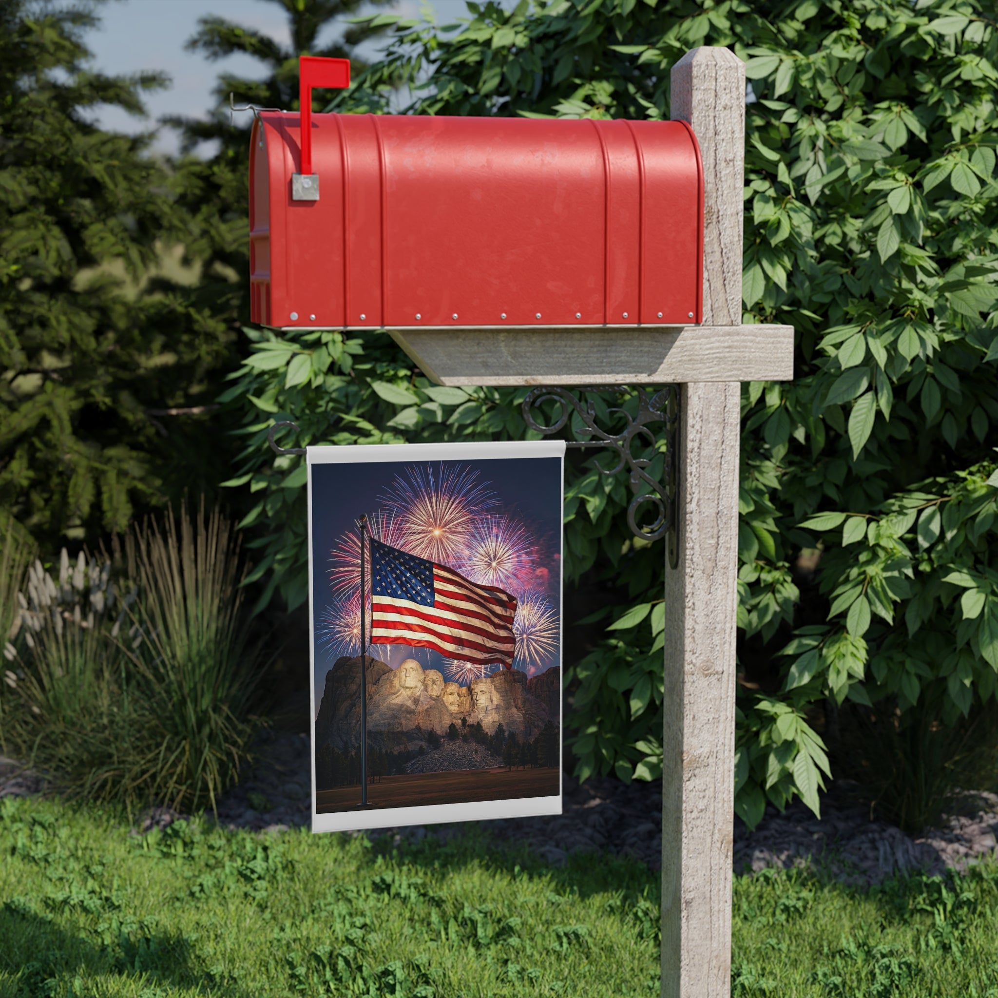 Patriotic Garden Banner – American Flag & Mount Rushmore Fireworks