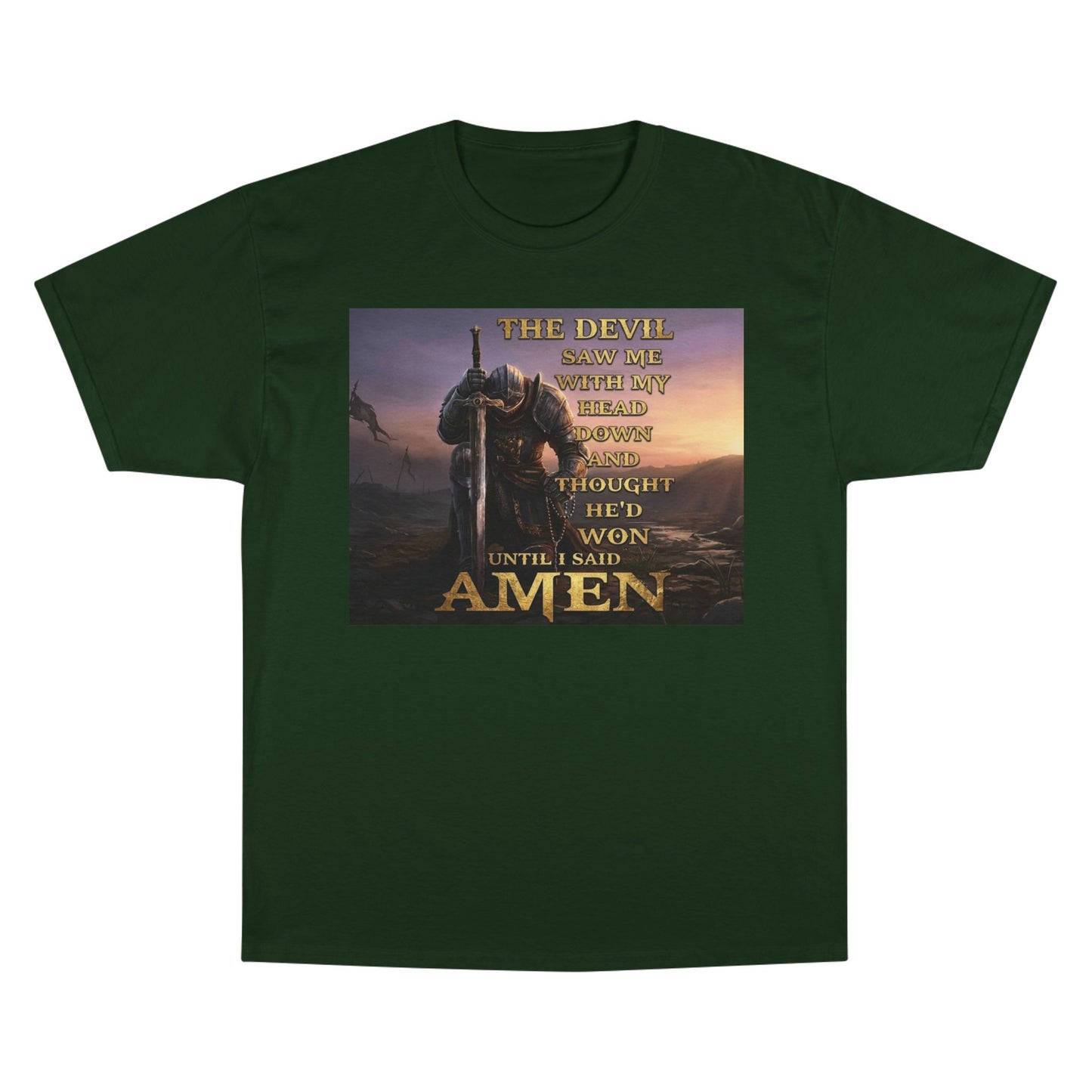 Christian Knight Prayer T-Shirt — Dawn Battlefield Survivor Design