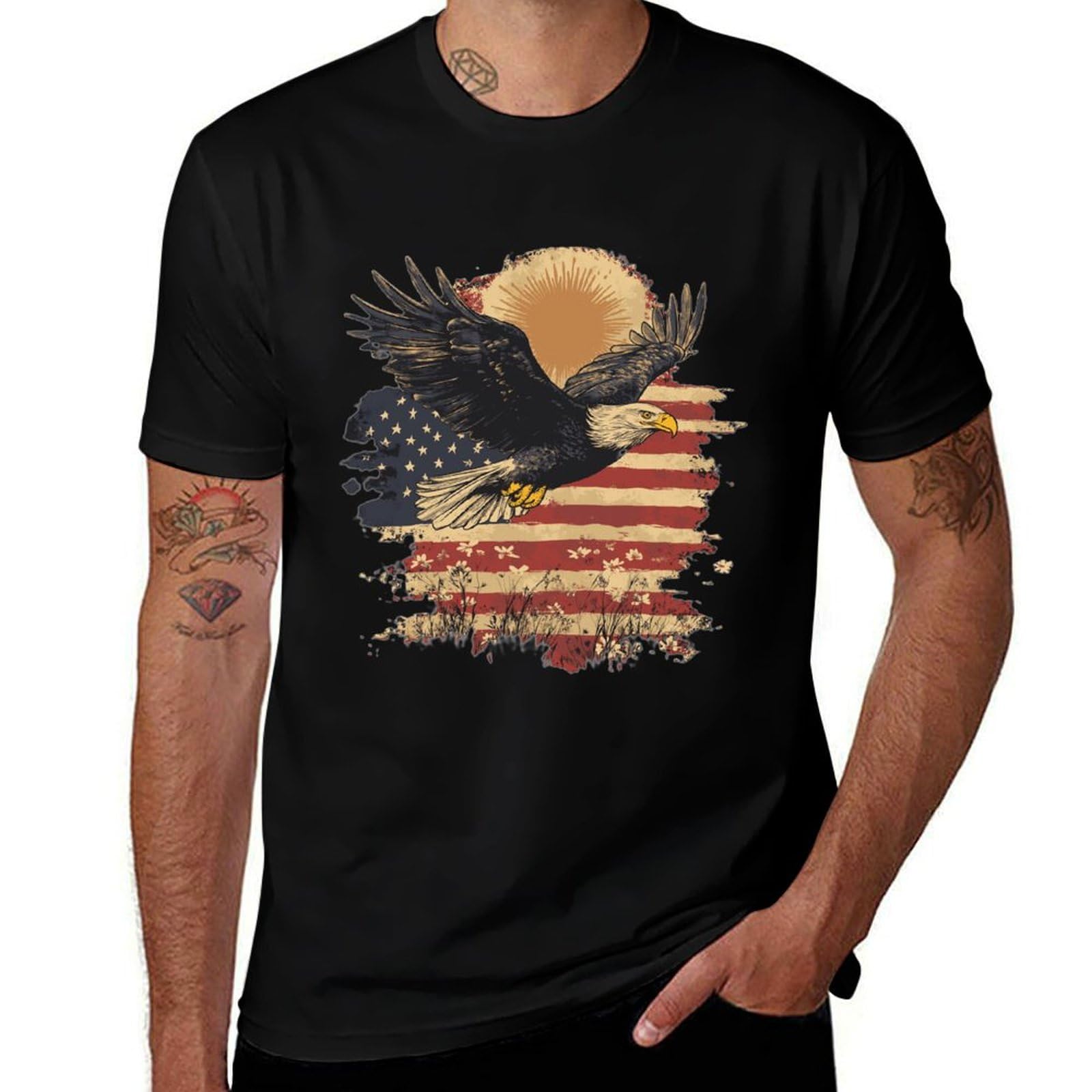 domirica American Flag Shirt Patriotic Eagle Print Cotton Novelty Cool Hippie 2025 Summer Short Sleeve Crewneck Tshirts