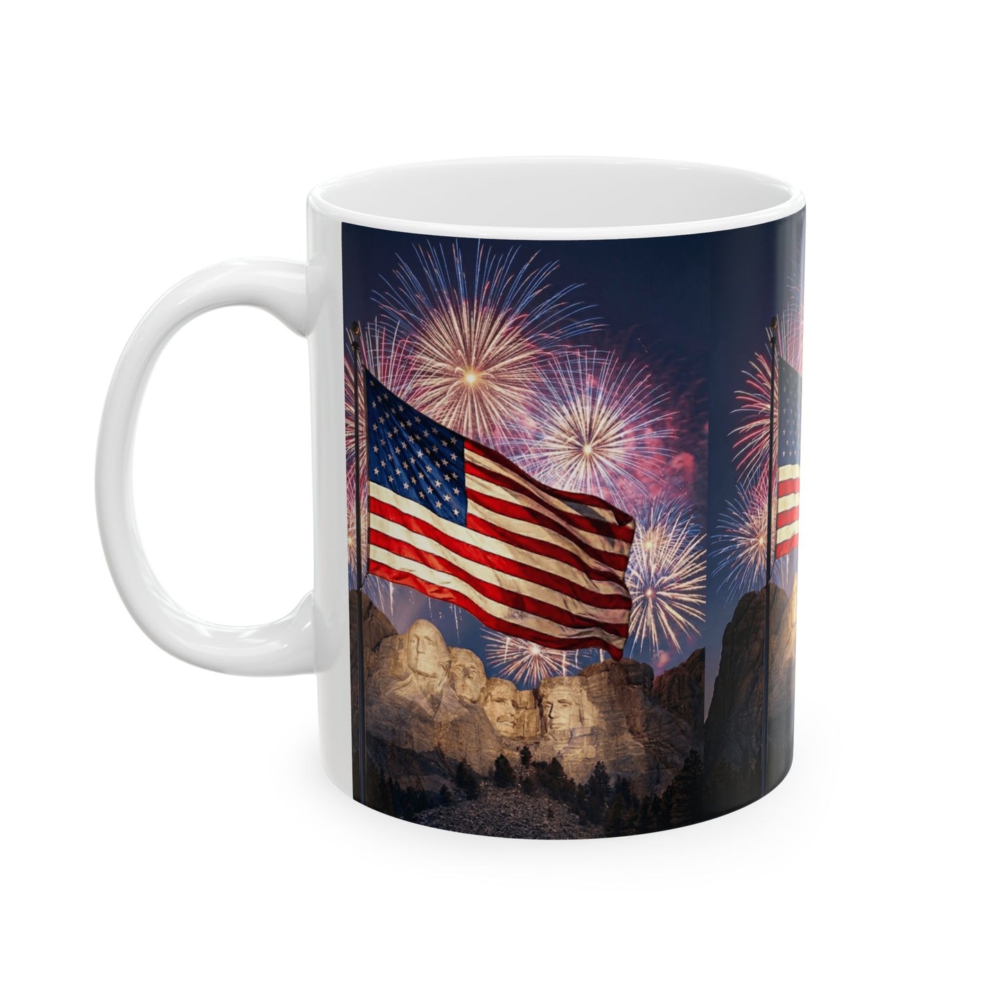 250th 4th of July - American Flag with Mount Rushmore & Fireworks — Patriotic 11oz/15oz Ceramic Coffee Cup