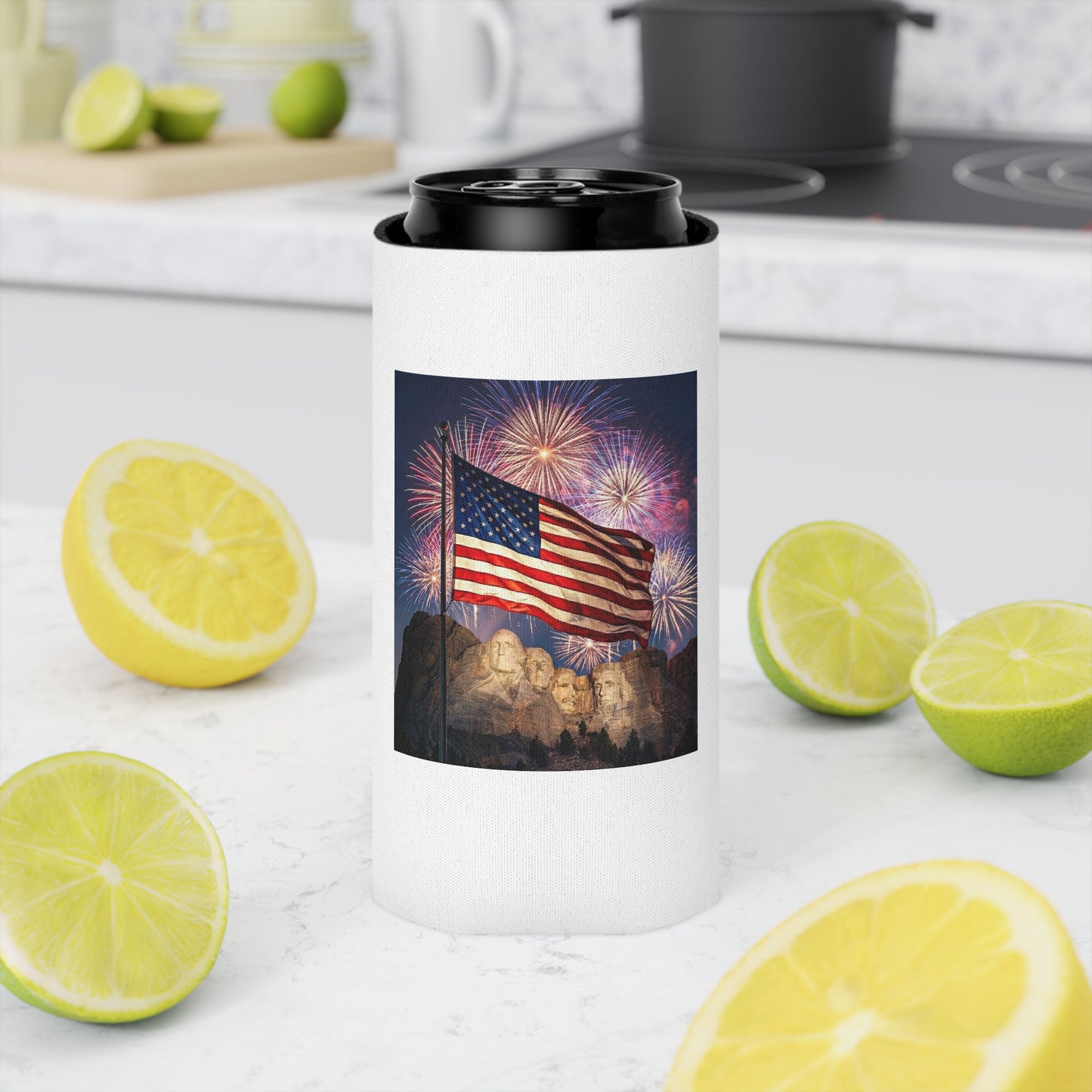 USA 4th of July Drink Insulator - Four Great Presidents & Flag Fireworks