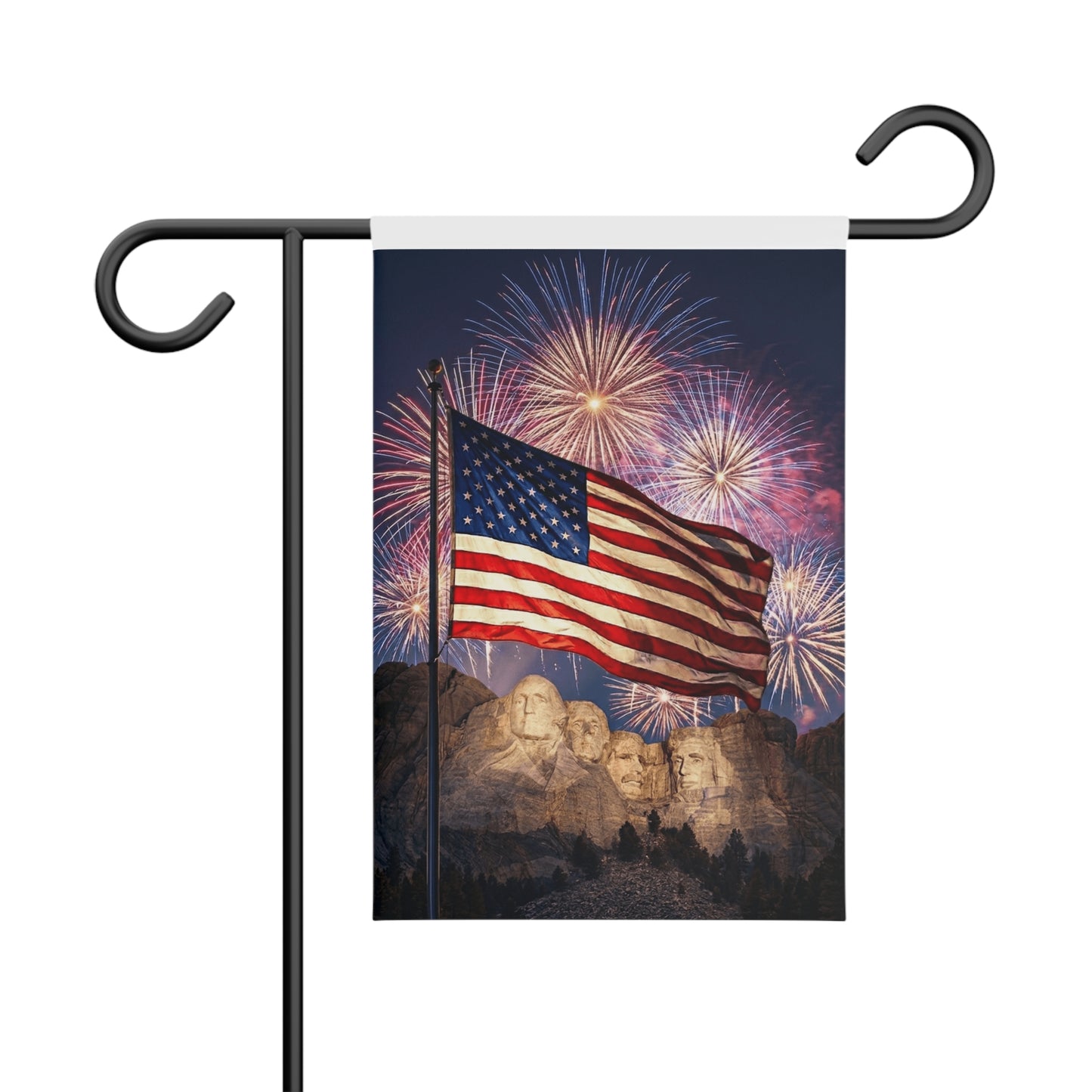 Patriotic Garden Banner – American Flag & Mount Rushmore Fireworks