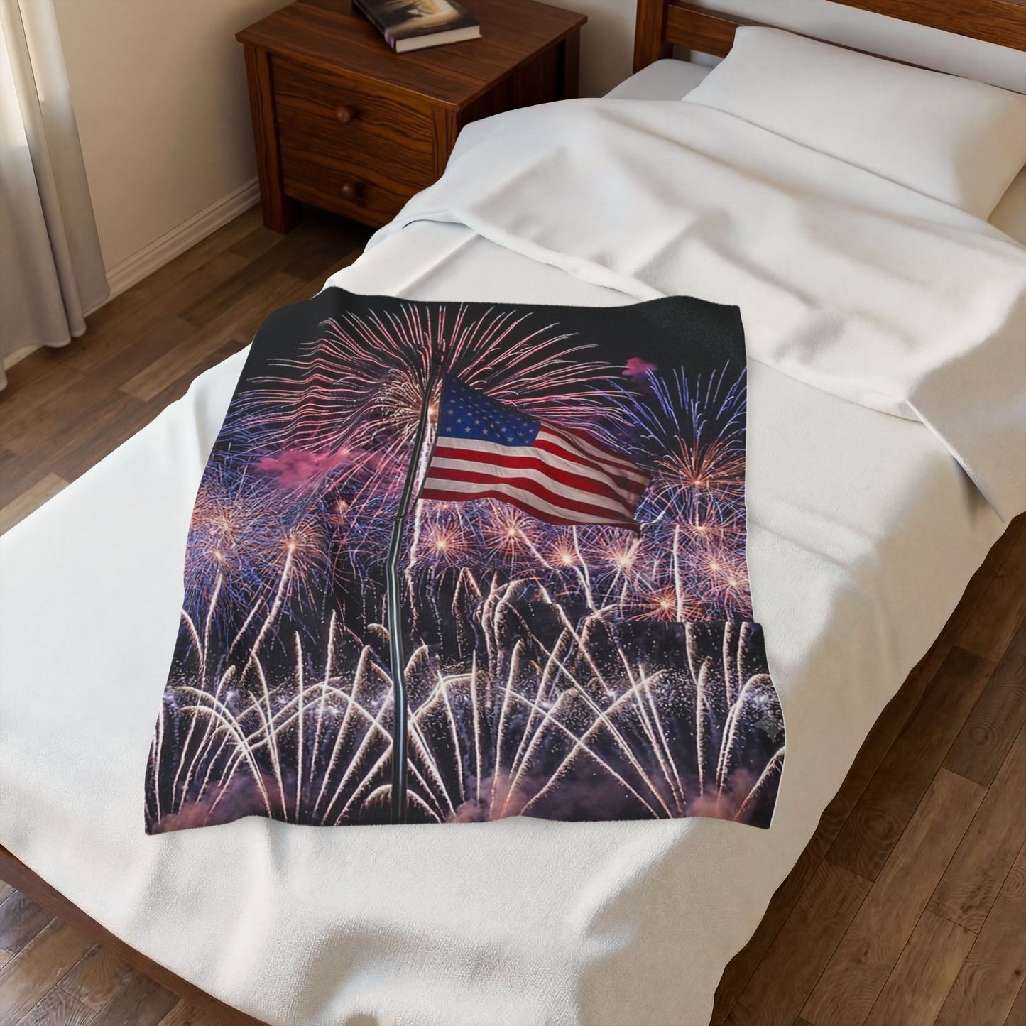 American Flag Fireworks Velveteen Plush Blanket – Patriotic 4th of July Throw